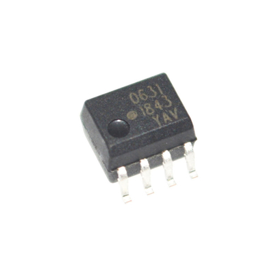 Optoaccoppiatore ultra compatto HCPL-0631-500E ad alto CMR, 3.5kV/µs, isolamento 10kV/µs, bassa corrente 1mA, alta temperatura 110°C, isolamento 5kV, alta velocità 1MBd, ampio Vcc 2.7-5.5V, package SOIC-8