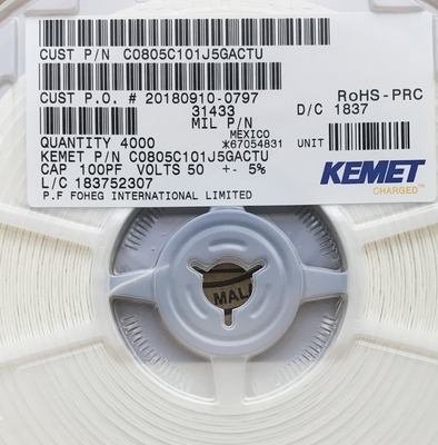 C0805C101J5GACTU 100pF 50V C0G/NP0 0805 Condensatore ceramico ±5% Tolleranza Stabilità ad alta frequenza ESR ultra-basso Valore Q elevato e confezionamento a nastro e bobina per circuiti di precisione