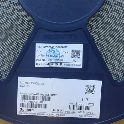 SWPA4018S680MT Induttore di potenza da 68μH con tolleranza del 20% Dimensione 4018 Corrente di saturazione 1,24A Corrente di aumento della temperatura 1,15A Costruzione schermata Intervallo da -40°C a 125°C Conforme a RoHS Imballaggio su nastro e bobina