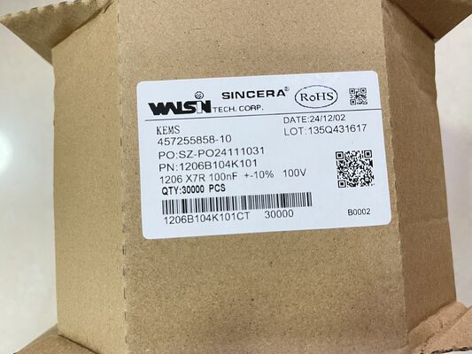 1206B104K101CT – MLCC 1206 case X7R dielettrico 0.1µF ±10% 100V rated basso ESR ampio range -55°C a +125°C perfetto per disaccoppiamento e filtraggio di potenza